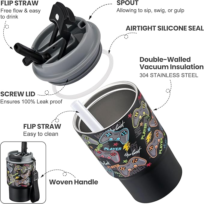 Bento Lunch Box for Kids with 17oz Soup Thermo,Insulated Tumbler Water Bottle and Insulated Lunch Bag,Leak-Proof 3 Compartment Lunch Food Container with with Ice Pack for Kids to School-Game Console