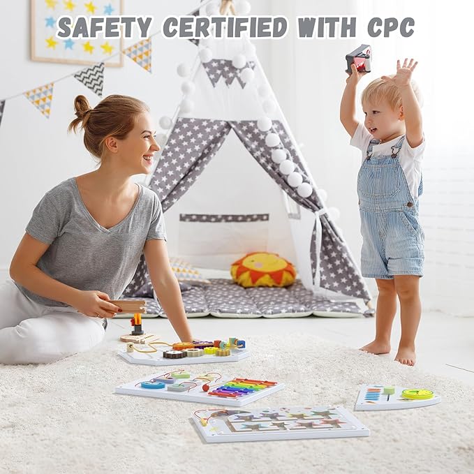 Montessori Busy Board - White Rocket Activity Wall Panels, Wall Toys for Toddlers 3+, Sensory Panels for Kids, Wooden Activity Cubes, Playroom Daycare Toys, Toddler Sensory Board (4PCS)