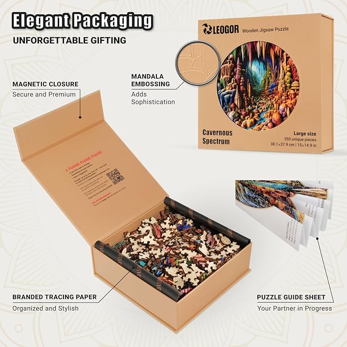 LEOGOR Wooden Jigsaw Puzzles for Adults 350 Pieces (15 × 14.9 in), Cave Puzzle, Extra-Thick 5mm Wood, 3D Vision Mosaic Nature Design, Unique Animal Shapes, Challenging Gift for Adults and Teens