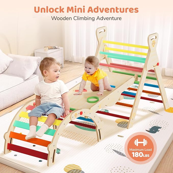 Pikler Triangle Set 7-in-1 Foldable Montessori Wooden Climbing Toys for Toddlers 1-5 Years Indoor Jungle Gym with Slide, Arch Ladder & Ramp Solid Wood Baby Activity Climber( Rainbow)