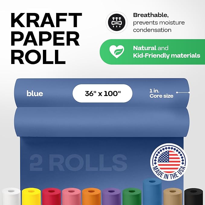 36" x 1200" (100 ft) Blue Kraft Paper Roll, Pack of 2 - USA-Made Quality Craft Paper for Gift Wrapping, Kids' Arts & Crafts, School Projects - 100% Recycled, 50 lb Natural Material by IDL Packaging