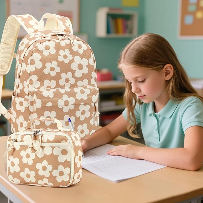 LEDAOU Kids School Backpack with Lunch Box for Boy Girl Toddler BookBag School Bag Preschool Kindergarten Backpack (Flower Brown)