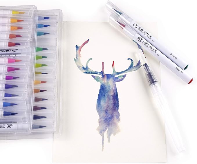 CHROMATEK 30 Watercolor Brush Pens - 15 Page Tutorial Pad and Online Video Series - Real Brush Tip, Vivid, Blendable - Professional Artist Quality - 27 Colors - 3 Aquapens