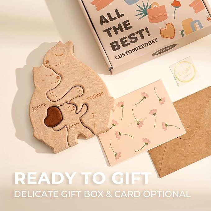 Wooden Bears Family Puzzle, Personalized Puzzles with 2–5 Names, Father's Day Mother's Day Birthday Personalized Gifts for Mom Dad Kids Teen Boys Girls Grandma Toddler