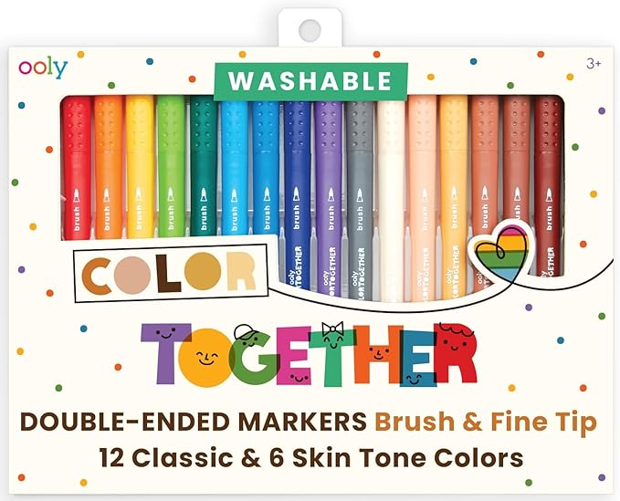 Ooly Color Together Dual Tip Markers - 18 Colors, 12 Bright & 6 Skin Tone, Brush and Fine Tip on Each Marker for Kids, Double Ended Markers for Art Supplies & Stationery Sets - Brush/Fine Tips