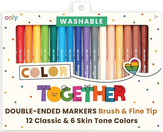 Ooly Color Together Dual Tip Markers - 18 Colors, 12 Bright & 6 Skin Tone, Brush and Fine Tip on Each Marker for Kids, Double Ended Markers for Art Supplies & Stationery Sets - Brush/Fine Tips