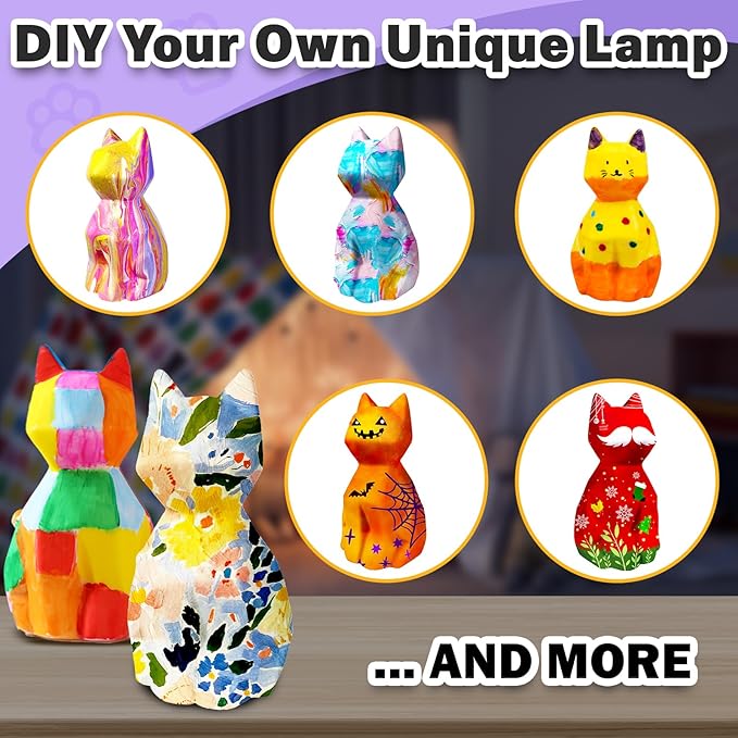 FUNZBO 2pcs Paint Your Own Cat Lamp - Arts and Crafts Supplies Kitten Painting Kits for Kids Teens Adults, DIY Night Light Toy for Toddlers Girls Boys Ages 3 4 5 6 7 8 9 10 11 12 13 + Birthday Gifts