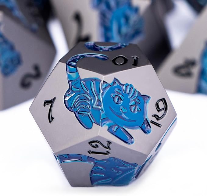 Metal DND Cat Dice 7PCS Polyhedral RPG Dice Set with Gift Case for Dungeons Dragons Role Playing Game, D and D Dice D6 D8 D10 D12 D20 D% (Grey Blue)