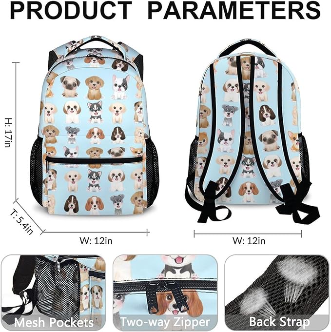 Dog Backpacks for Kids, Large Capacity Backpack for School, Cute Blue Doggy Print Lightweight Bookbag for Boys & Girls