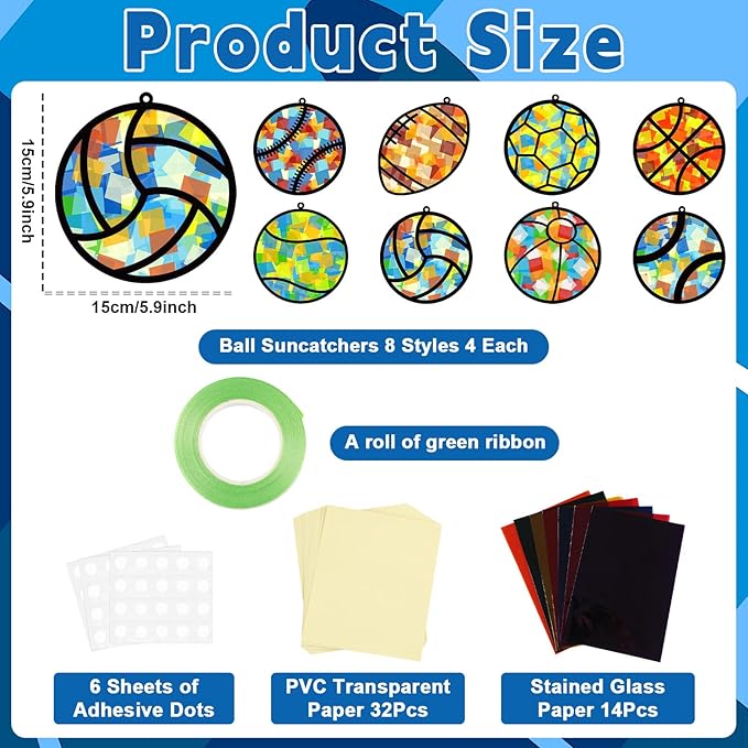 32 Sets Sports Ball Suncatchers Craft Kit DIY Window Stained Glass Effect Football Baseball Basketball Paper Craft Home School Classroom Decoration Kid Birthday Gift Creative Art Project Activity Game