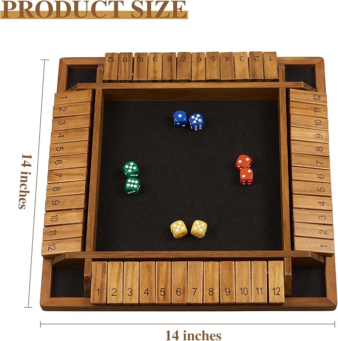 14 inches 1-4 Players Shut The Box Dice Game Upgraded 12 Numbers Wooden Board Table Math Game with 12 Dice Close The Box for Adult Kids, Family Classroom Home or Bar