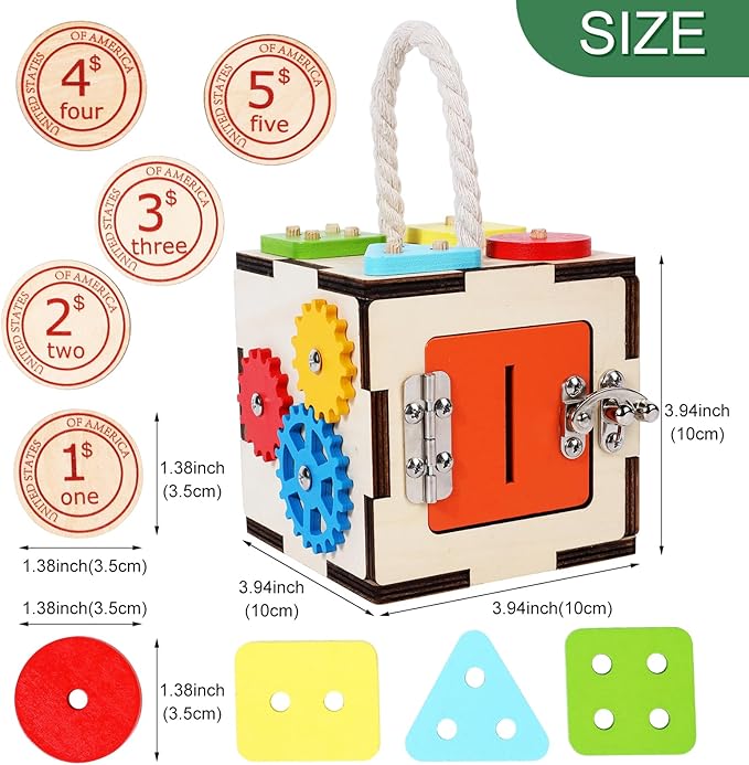 WODI Montessori Activity Cube for Toddlers 3-6 Wooden Baby Toys with Bead Maze, Shape Sorter, Gear Spinner & Coin Game - Educational Sensory Toy for Fine Motor Skills, Learning Busy Box for Boys Girls