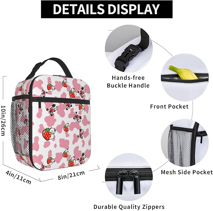 Pink Strawberry Cows Print Reusable Lunch Box Food Bag Insulated Lunch Bag for Teenage Boys Girls School Beach