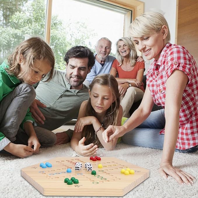 HOROW Wahoo Board Game Wooden Original Board Game Classic 2 Side Painted Fast Track Game for 4 Player and 6 Player with 30 Marbles,6 Dices for Family Game Night(6large,Log)