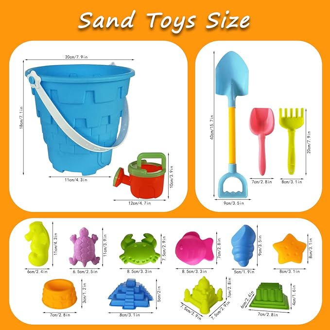 Beach Sand Toy Set for Kids, 15PCS Sand Toys with Beach Bucket, Watering Can, Big Shovel, Rake, Sea Animal Molds Sand Castle Building Kit for Boys, Girls, Toddlers