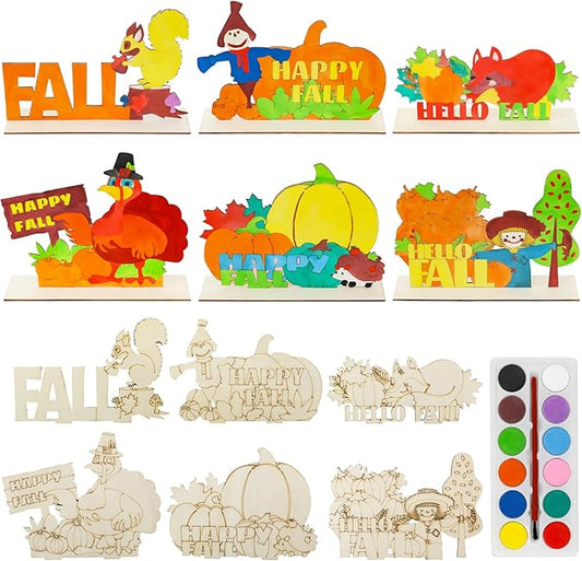24 Pcs Fall Crafts for Kids Bulk, Fall Arts and Crafts Kits, Thanksgiving Fall Wooden Painting Crafts for Boys Girls Fall Activities Harvest Party Favors Home Classroom DIY Table Decorations