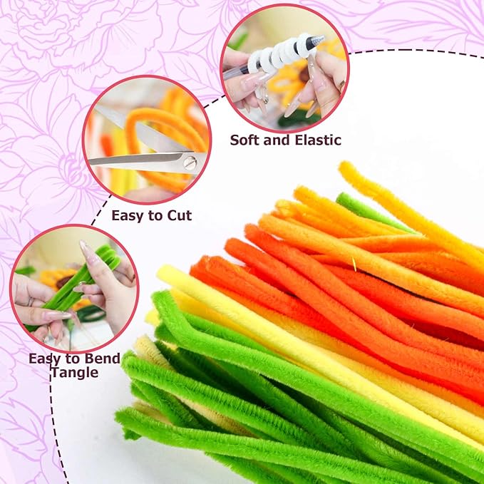Pipe Cleaners Craft, Multi-Colored Pipe Cleaners Kit, Chenille Stems for DIY Flower Making Kit with Floral Wires, Come with Flower Base, Ideas for Party & Home Decor (A15)
