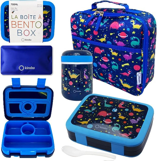 Dinosaur Bento Lunch Box for Boys with Thermo Stainless Steel Food Jar for Hot Food Soup, Insulated Dinosaur Lunch Bag and Ice Pack Set, Kids Container Boxes with 4 Compartments, Blue Space Dino
