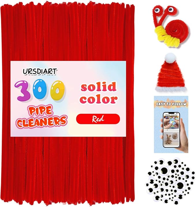 URSDIART (350pcs/Set) Red Pipe Cleaners and Wiggle Eyes,12 Inch 300pcs Red Pipe Cleaners for Crafts,Chenille Stems Pipe Cleaners Bulk Fuzzy Sticks DIY Creative, Christmas Decoration Art Supplies