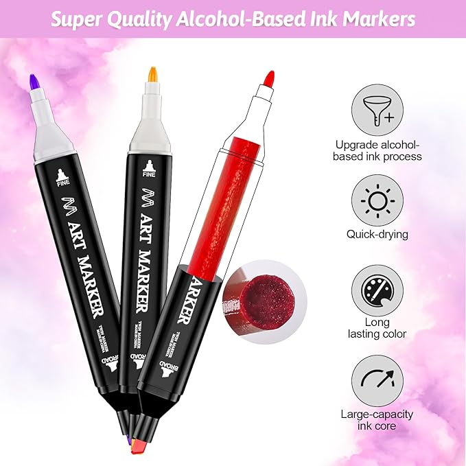 Banral Alcohol Markers, 24 Colors Dual Tip Alcohol Based Art Marker Set for Artists Adults, Permanent Drawing Pens for Adult Coloring Sketching Illustration