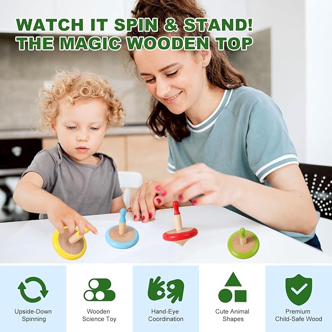 WODI 4PCS Wooden Spinning Tops - Adorable Animal Gyroscope Toys for Toddlers, Safe & Fun Montessori Educational Gift, Fidget Spinner for Kids/Toddlers (#3)