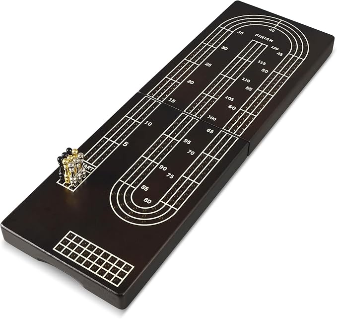 15.5'' Cribbage Board Game Set with Magnetic Lock, Folding Wooden Continuous 3 Track Scoreboard with Large Slots for Storing 1 Playing Cards and 9 Metal Pegs, Travel Game for Family Kid Adult