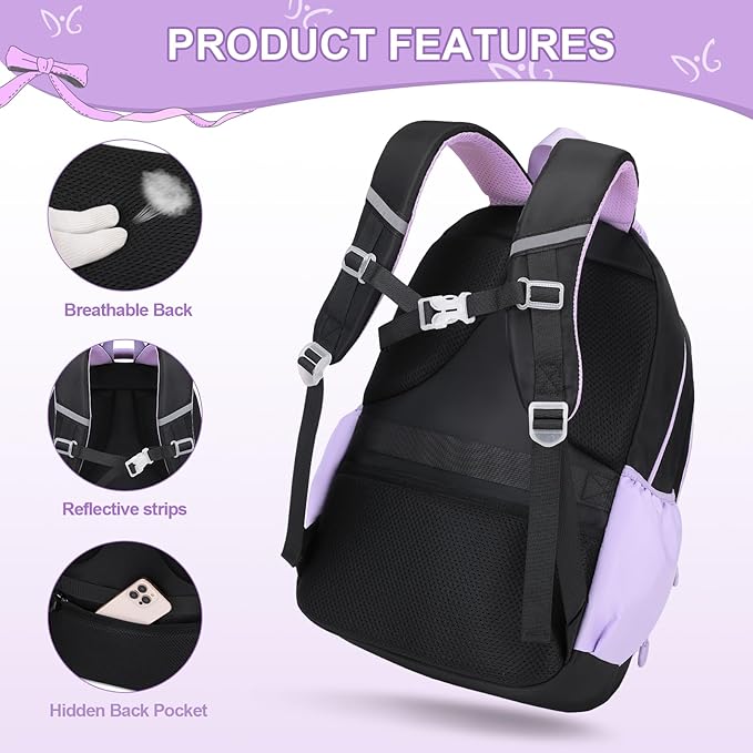 Backpack for Girls, 3PCS Girls Backpack for School with Lunch Bag Pencil Case, Cute Kids Teens Bookbag for Kindergarten Elementary Preschool Middle School (Black-Purple)