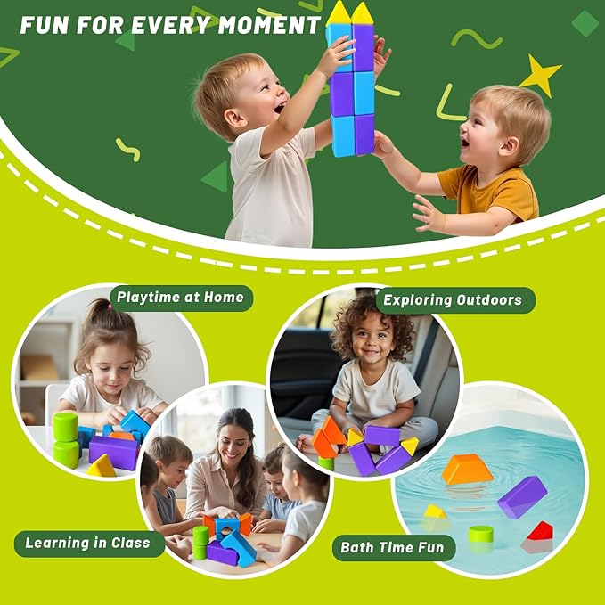 Magnetic Blocks for Toddlers 3-5, Large Magnetic Building Blocks Set, Colorful Stacking Blocks in 7 Fun Shapes, Preschool Learning Kit, Montessori & Sensory Toy for Kids Ages 3+ (14PCS)