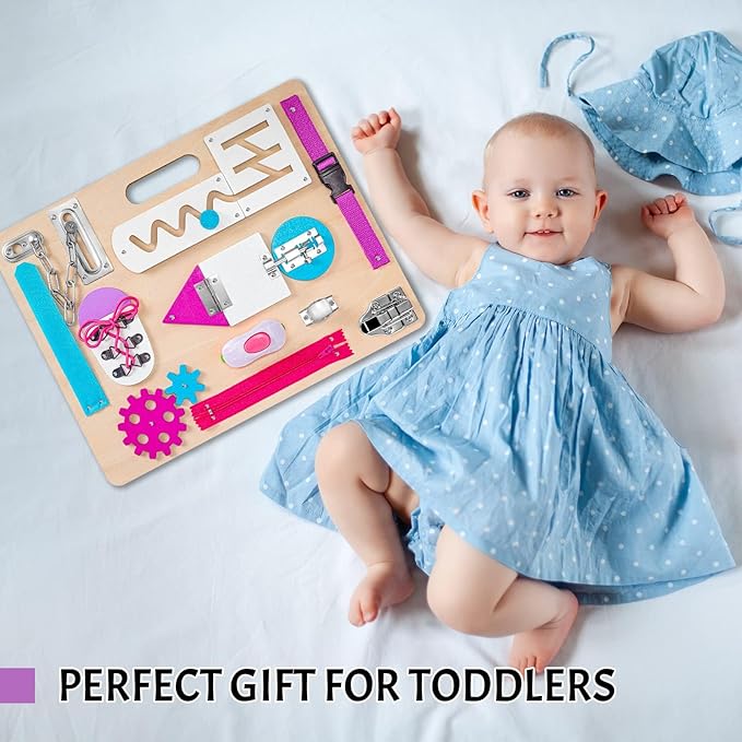 Montessori Busy Board for Toddlers, Wooden Sensory Toys, Kids 1-3 Travel Toy, Preschool Learning Activities for Fine Motor Skills, Basic Life Skills Educational Gifts for 1 2 3 Years Old Girls (Pink)