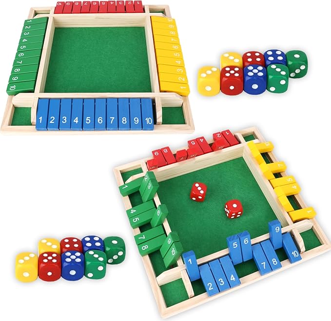 2 Pcs Shut The Box Game Wooden, Close Shut The Box Game for 2-4 Player Adults, Math Sequence Dice Plunder Board Games with 16 Dice, 4-Sided 10 Number Table Games for Family Classroom Home Party Pub
