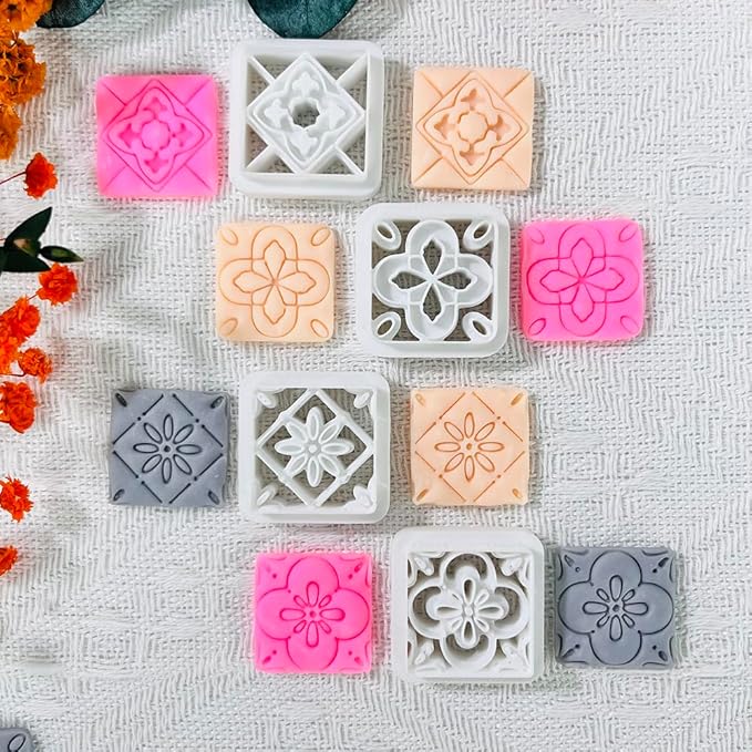 Xaekicr 8PCS Tile Pattern Polymer Clay Cutters Set – Mediterranean Geometric Clay Cutters and Textured Molds, Clay Tools for Polymer Clay Jewelry and Crafts