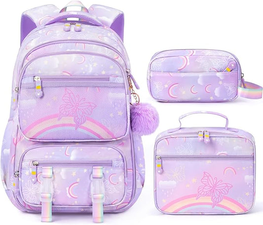 Fimibuke Kids Backpack for Girls, 3PCS Rainbow & Butterflies Teen Girls Backpack with Lunch Box Pencil Case, Cute Purple Bookbag School Bag for Kindergarten Elementary Middle School Student Ages 5+
