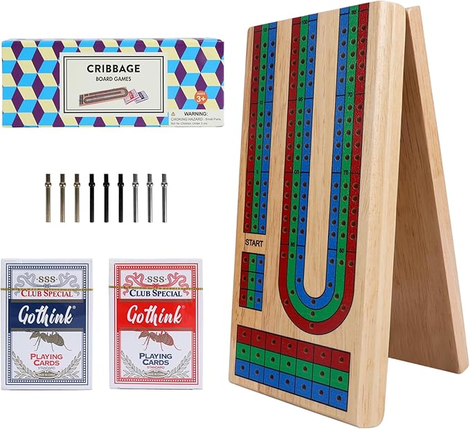 Wooden Folding Cribbage Board Game Set – Portable Travel Board with 3 Tracks, Large Storage, 9 Metal Pegs & 2 Cards – Classic Table Game for Adults, Kids & Family Night