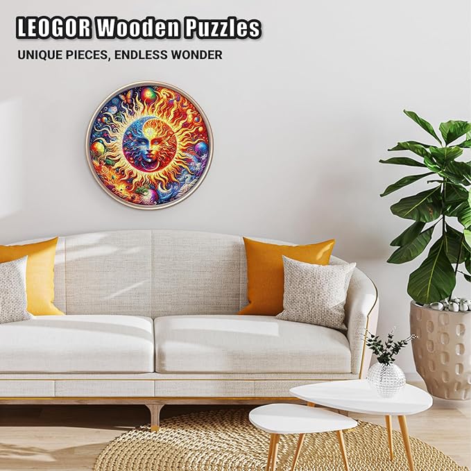 LEOGOR Wooden Jigsaw Puzzles for Adults 200 Pieces (11.3 × 11.3 in), Sun Moon Puzzle, Extra-Thick 5mm Wood, Round Mosaic Puzzle, Unique Animal Shapes, Relaxing Artistic Gift for Adults and Teens