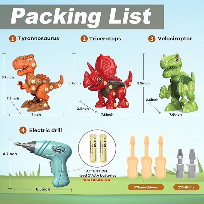 Laradola Dinosaur Toys for 4 5 6 7 8 Year Old Boys, Take Apart Dinosaur Toys for Kids 3-5 5-7 STEM Construction Building Kids Toy with Electric Drill, Party Birthday Gifts
