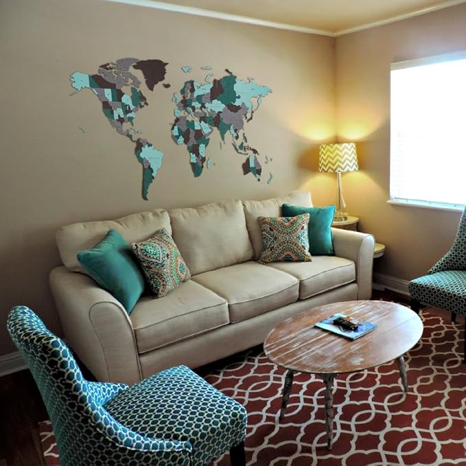 World Map Wall Art - Self-Assembly 3-Layer Map of The World Puzzle - 3D Wooden World Map Wall Decor for Office, Living Room & More - World Map by Eco Wood Art, (Small, 114 Pieces, Emerald Planet)