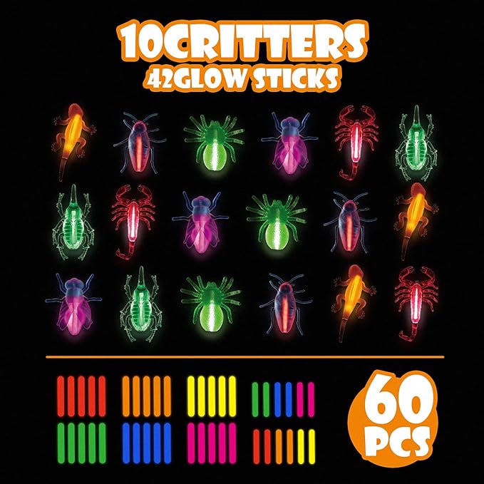 SpringFlower 60pcs Halloween Glow Critters Set for Halloween Party Favor,18 Critters Toys and 42 Glow Sticks, Glow in The Dark Party Favors, Halloween Goodie Bag Fillers, Halloween Miniatures.