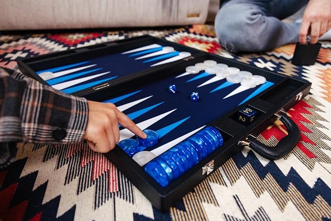 19 Inch Premium Backgammon Sets for Adults Leather Black - Blue. Premium 1.6 Inch Checkers & Dice Set, Travel Backgammon Set, Large, Backgammon Board Game, Backgammon Game Set