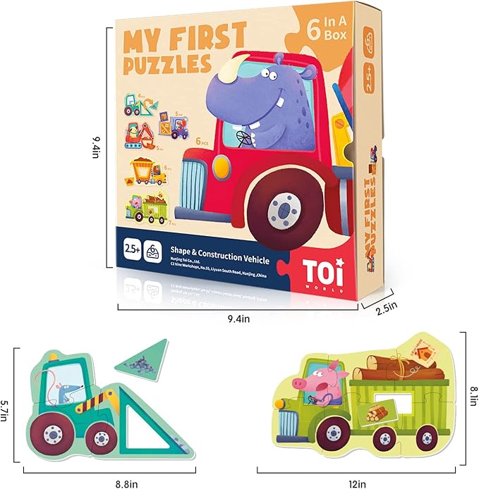 Toi 6 Packs Large Piece Toddler Jigsaw Puzzles for Kids Aged 2.5+, Animal Shaped Floor Puzzles for Beginner, Preschool Learning Game for Boys Girls, Shape Vehicle