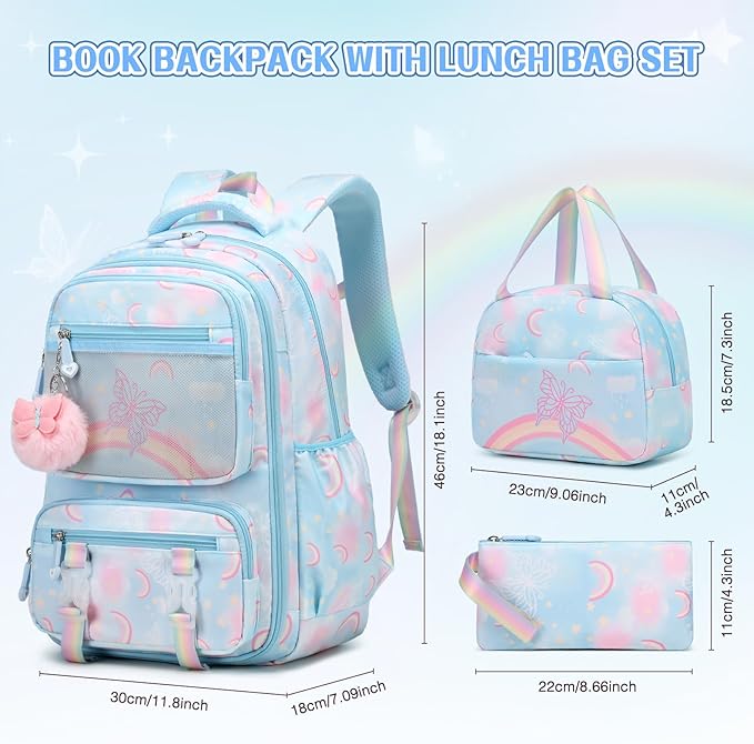 Backpack for Girls, Rainbow Butterfly Girls Backpacks with Lunch Bag Pencil Case Set, Kids Backpack Kindergarten Elementary Middle School Book Bag for Teen Girl Children Students