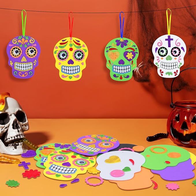 Fennoral 12 Pack Day of The Dead Craft Kits for Kids Make You Own Skull Foam Stickers Ornament DIY Arts and Crafts for Girls Boys Halloween Party Favors Supplies Halloween Decoration