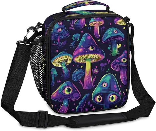 Mushrooms Insulated Lunch Box Kids Reusable Portable Lunchbox Bag with Adjustable Shoulder Strap and Water Bottle Holder for Work School Travel