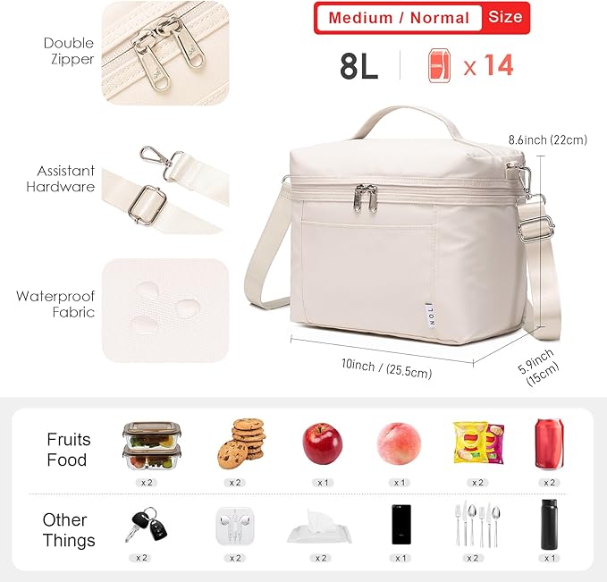 NOL Natural Organic Lifestyle Insulated Lunch Bags for Women Cooler Bag Lightweight Nylon Waterproof Lunch Box For Work(Medium, Cream