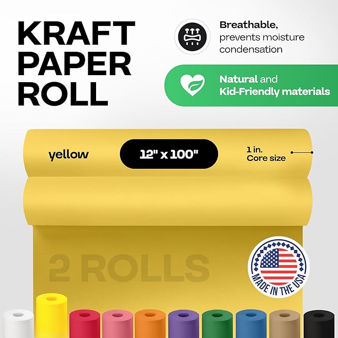12" x 1200" (100 ft) Yellow Kraft Paper Roll, Pack of 2 - USA-Made Quality Craft Paper for Gift Wrapping, Kids' Arts & Crafts, School Projects - 100% Recycled, 50 lb Natural Material by IDL Packaging