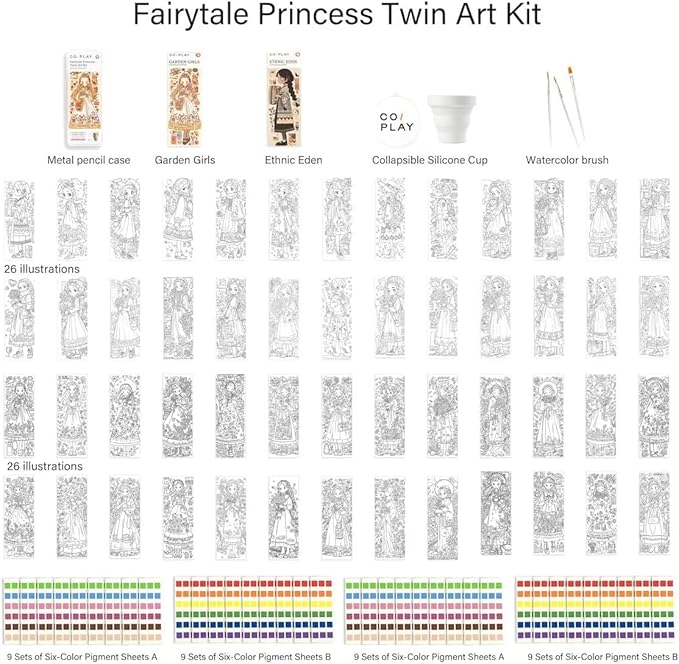 COIPLAY 648 Color Blocks Watercolor Paint Set, 52-Bookmarks, 3 Brushes, Silicone Cup, Fairytale Princess Coloring Books, for All Ages, Travel-Friendly, Easy to Use, All in One, Art Supplies Craft kit