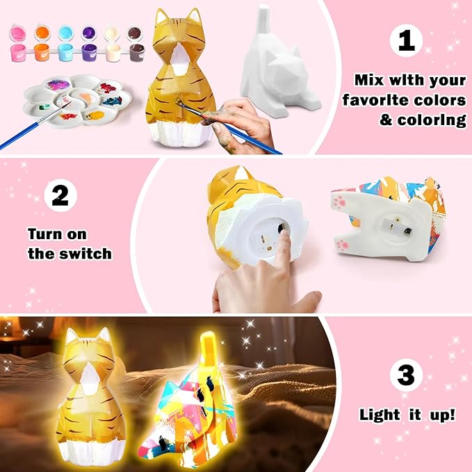 FUNZBO 2pcs Paint Your Own Cat Lamp Kit - Arts and Crafts Supplies Kitten Painting Kits for Kids Teens Adults, DIY Night Light Toy for Toddlers Girl Boy Ages 3 4 5 6 7 8 9 10 11 12 13 + Birthday Gifts