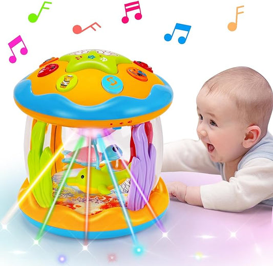 Baby Musical Toys 0-6 6-12 Months Rotating Projector Light Up Infant Tummy Time Toys 0-3-6 Months Sensory Toddler Toy Age 1-2-4 New Birthday Gifts for 1 Year Old Girl Boy Baby Aquarium Learning Toy