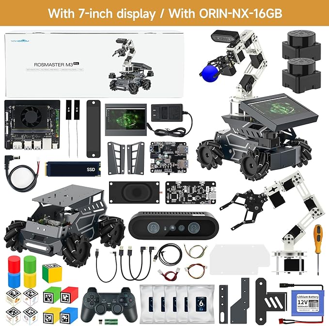 Yahboom ROS2 Robot Kit with Jetson Orin NX 16GB Super Large AI Model with 6DOF Robotic Arm,7-inch HD Display,AI Voice Interaction Module Provides AI Vision、App Control