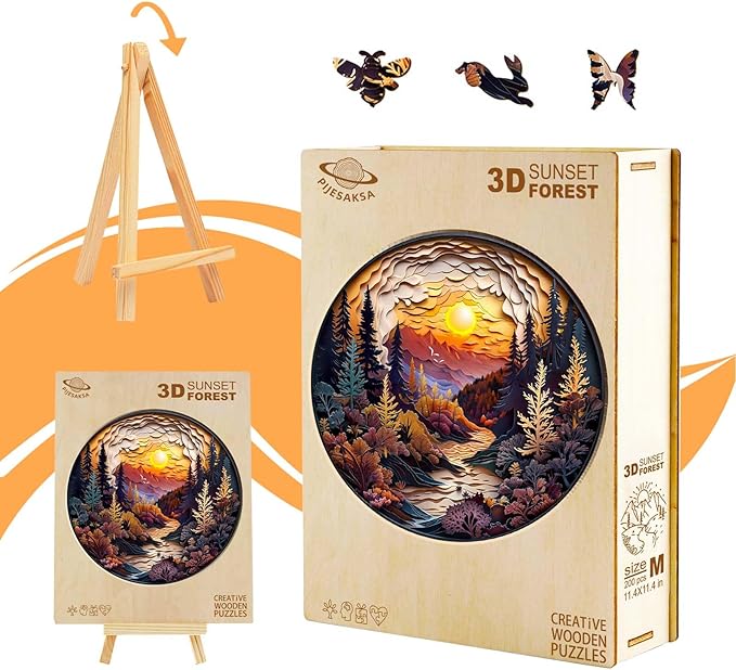 Wooden Puzzles for Adults - Sunset Forest Puzzle, Flat Puzzle with 3D Visual Effect, Unique Shape Wooden Jigsaw Puzzles, Good Gift Idea for Family and Friends (S-8.5 * 8.5in - 100 Pieces)