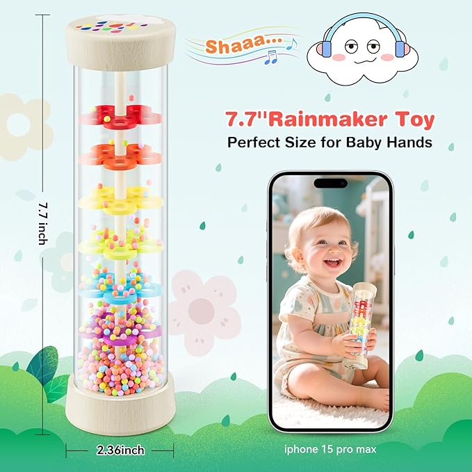 Rainmaker Toy,Montessori Toys for 0+ Year Old,Baby Wooden Sensory Development Toy,Christmas Birthday Gift for Baby Infant-7.7 Inch